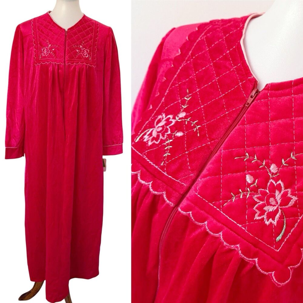 Vtg Robe Deadstock NWT Heather Collection Embroidered Floral Long SZ S Red Velve